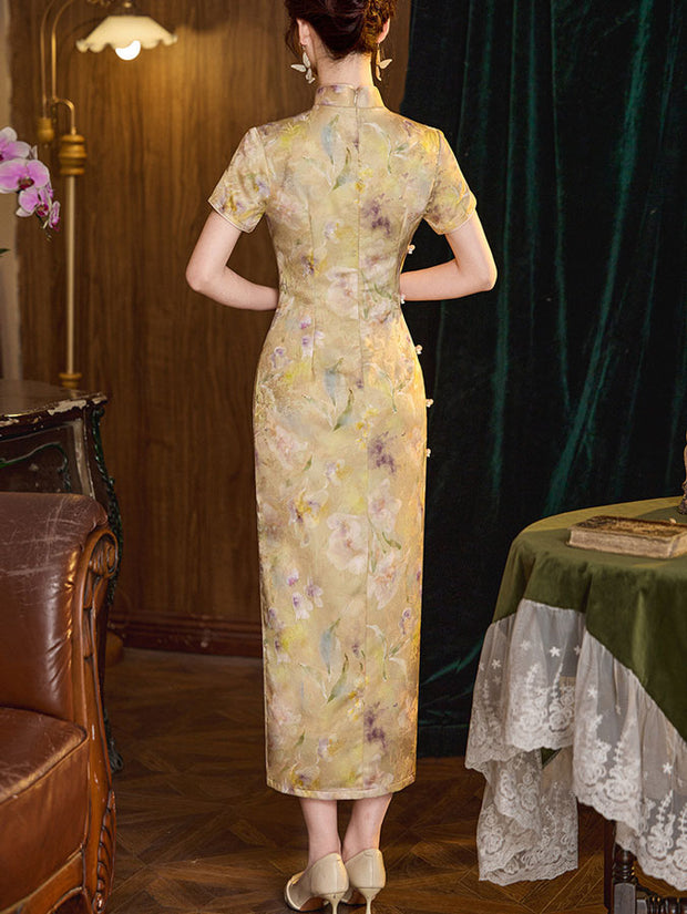 Purple Yellow Floral Print Cheongsam Qipao Dress