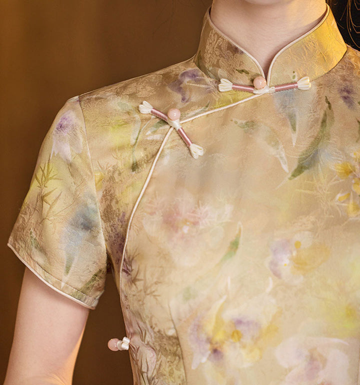 Purple Yellow Floral Print Cheongsam Qipao Dress