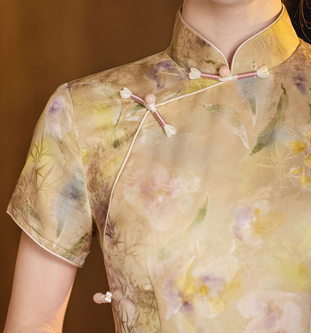Purple Yellow Floral Print Cheongsam Qipao Dress