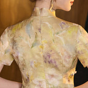 Purple Yellow Floral Print Cheongsam Qipao Dress