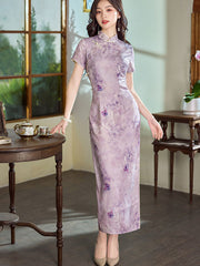 Purple Yellow Floral Print Cheongsam Qipao Dress