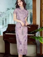 Purple Yellow Floral Print Cheongsam Qipao Dress
