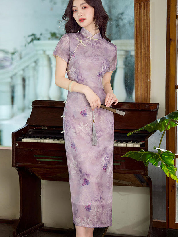 Purple Yellow Floral Print Cheongsam Qipao Dress