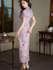 Purple Yellow Floral Print Cheongsam Qipao Dress