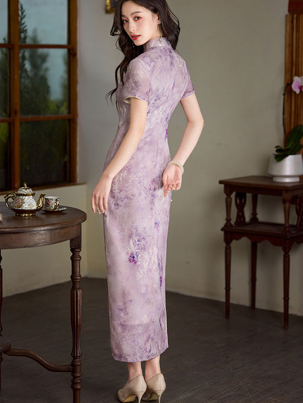 Purple Yellow Floral Print Cheongsam Qipao Dress
