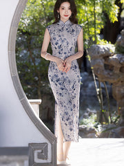 Blue Floral Print Linen Cheongsam Qipao Dress