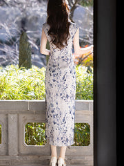Blue Floral Print Linen Cheongsam Qipao Dress