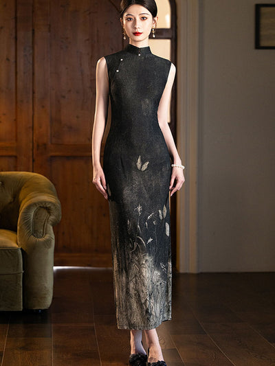 Black Print Knitted Maxi Cheongsam Qipao Dress
