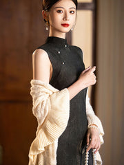 Black Print Knitted Maxi Cheongsam Qipao Dress