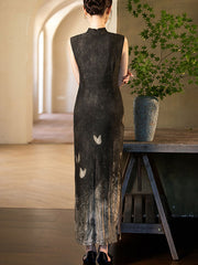 Black Print Knitted Maxi Cheongsam Qipao Dress