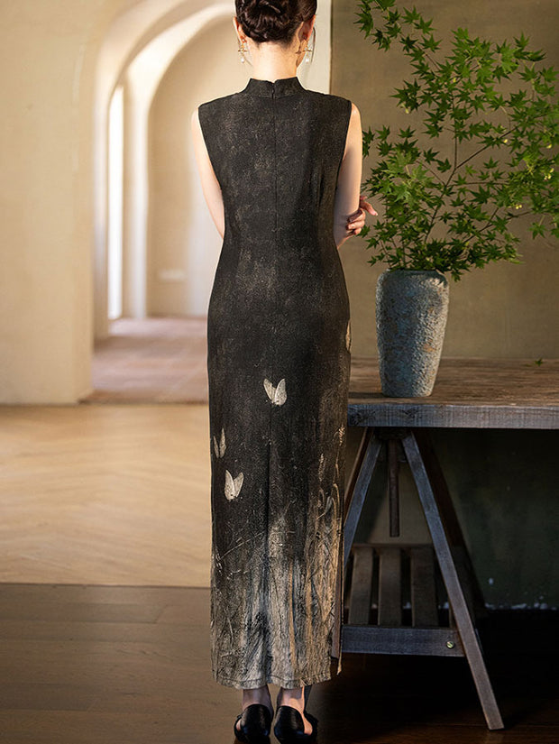 Black Print Knitted Maxi Cheongsam Qipao Dress