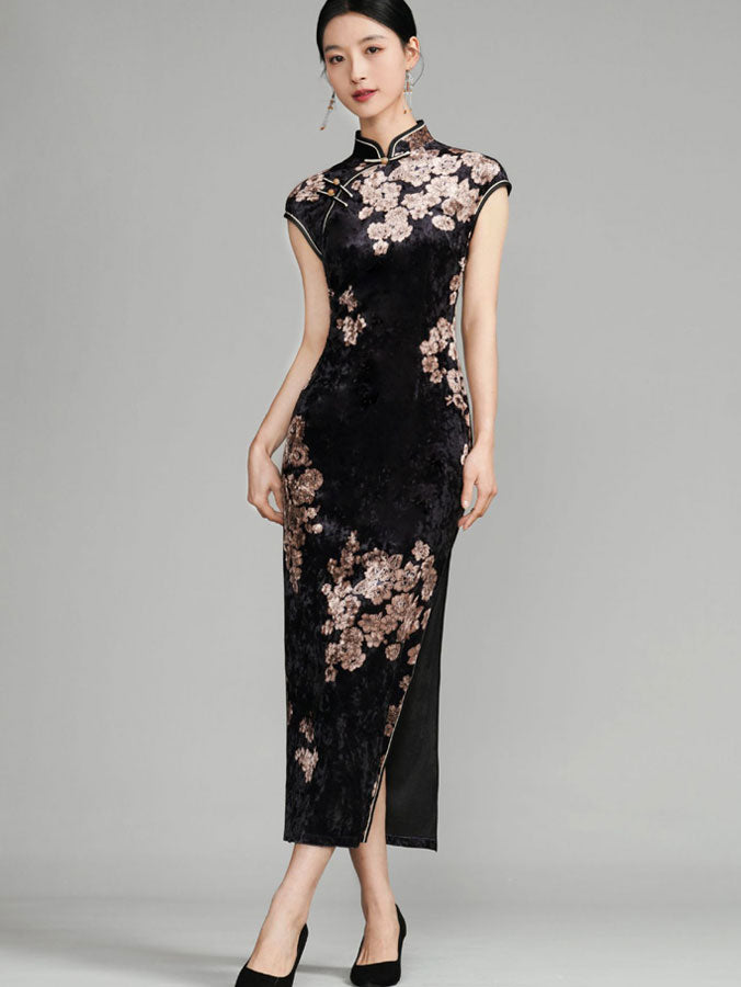Black Floral Velvet Cheongsam Qipao Dress