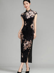 Black Floral Velvet Cheongsam Qipao Dress