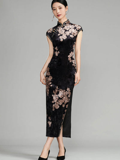 Black Floral Velvet Cheongsam Qipao Dress