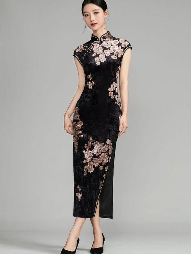 Black Floral Velvet Cheongsam Qipao Dress