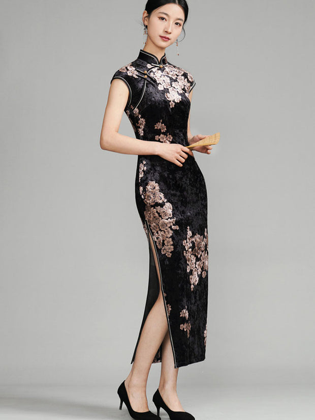 Black Floral Velvet Cheongsam Qipao Dress
