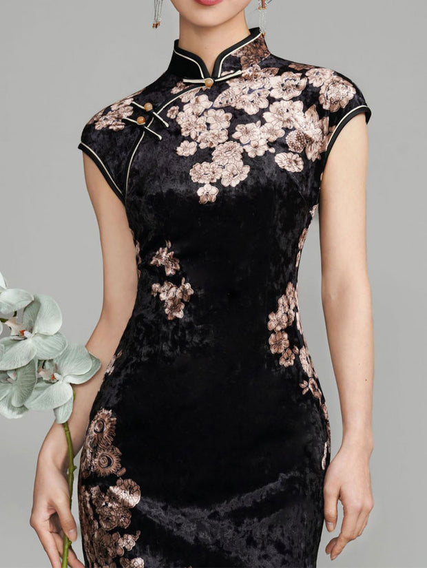 Black Floral Velvet Cheongsam Qipao Dress