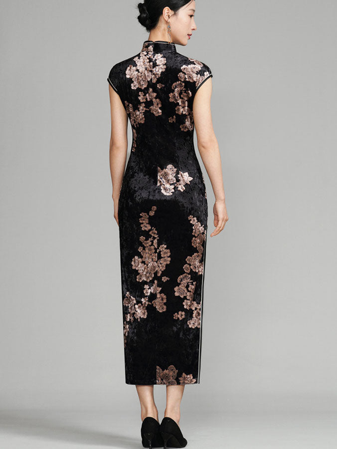 Black Floral Velvet Cheongsam Qipao Dress