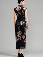Black Floral Velvet Cheongsam Qipao Dress