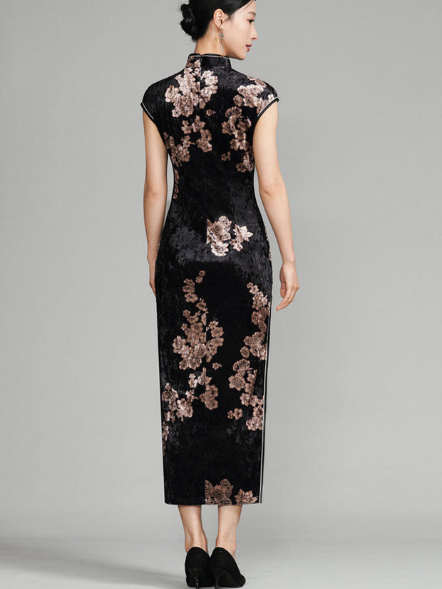 Black Floral Velvet Cheongsam Qipao Dress