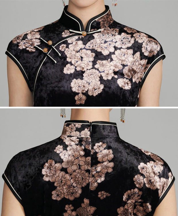 Black Floral Velvet Cheongsam Qipao Dress