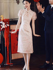 Pink Floral Puff Sleeve Wedding Bridal Cheongsam Dress