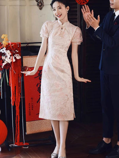 Pink Floral Puff Sleeve Wedding Bridal Cheongsam Dress