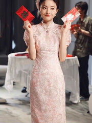 Pink Floral Puff Sleeve Wedding Bridal Cheongsam Dress