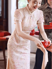 Pink Floral Puff Sleeve Wedding Bridal Cheongsam Dress