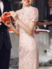 Pink Floral Puff Sleeve Wedding Bridal Cheongsam Dress