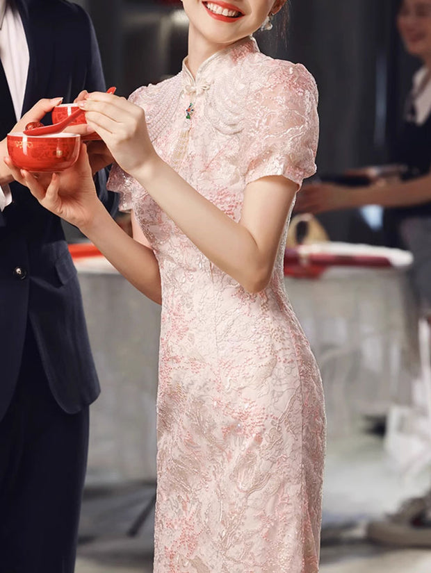 Pink Floral Puff Sleeve Wedding Bridal Cheongsam Dress