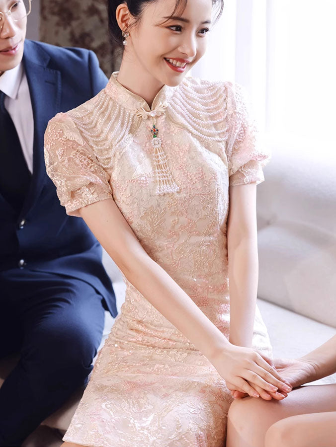 Pink Floral Puff Sleeve Wedding Bridal Cheongsam Dress