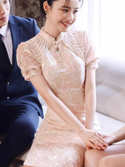 Pink Floral Puff Sleeve Wedding Bridal Cheongsam Dress
