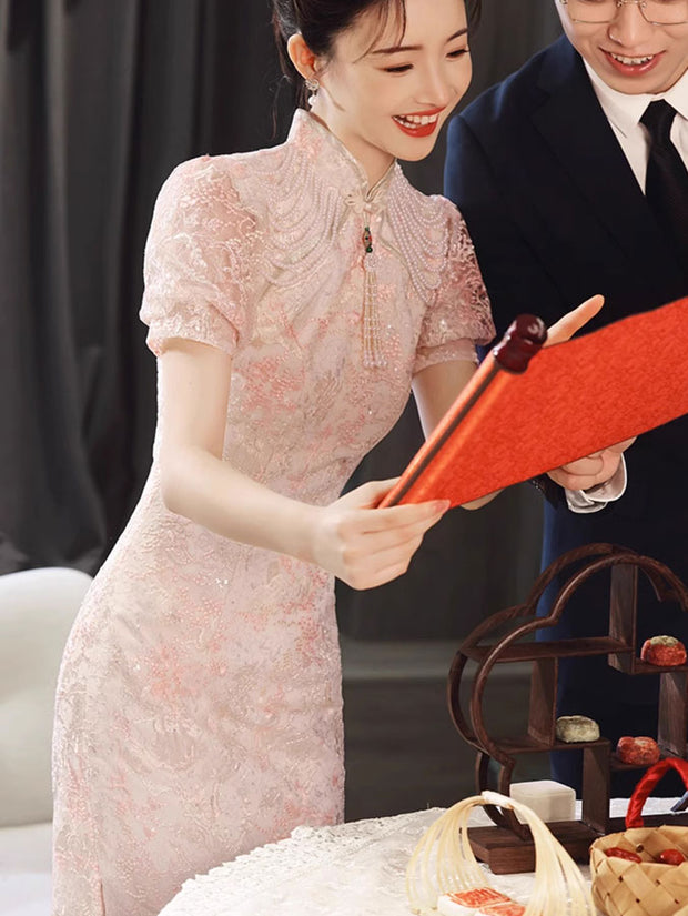 Pink Floral Puff Sleeve Wedding Bridal Cheongsam Dress