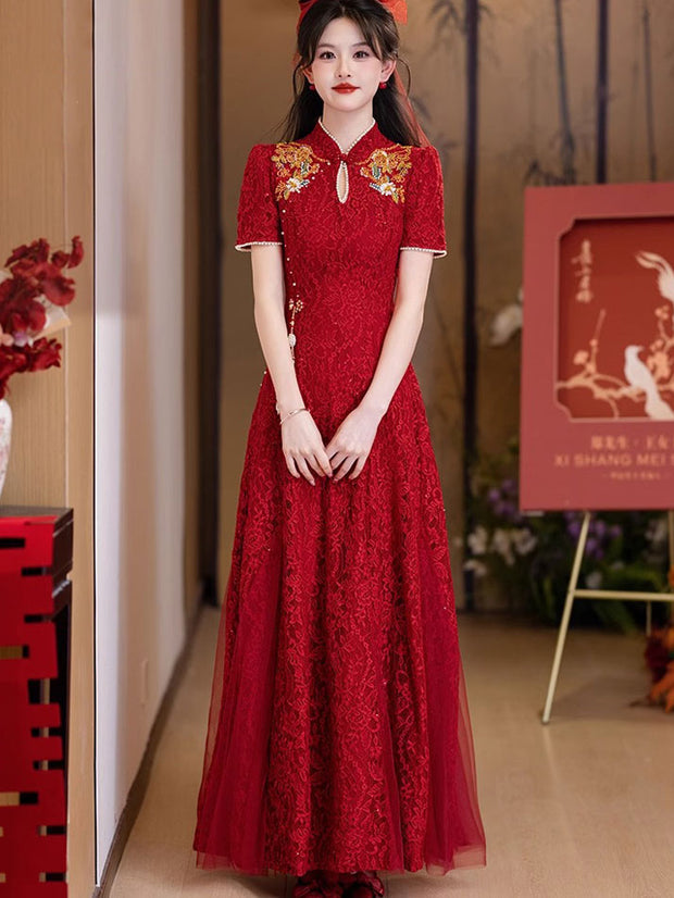 Burgundy Shimmer Lace A-Line Bridal Qipao Cheongsam Gown