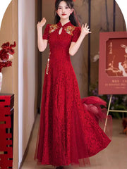 Burgundy Shimmer Lace A-Line Bridal Qipao Cheongsam Gown