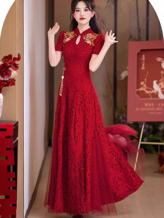 Burgundy Shimmer Lace A-Line Bridal Qipao Cheongsam Gown