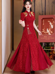 Burgundy Shimmer Lace A-Line Bridal Qipao Cheongsam Gown