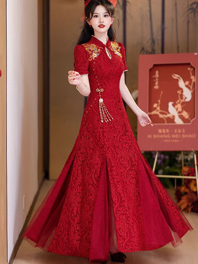 Burgundy Shimmer Lace A-Line Bridal Qipao Cheongsam Gown