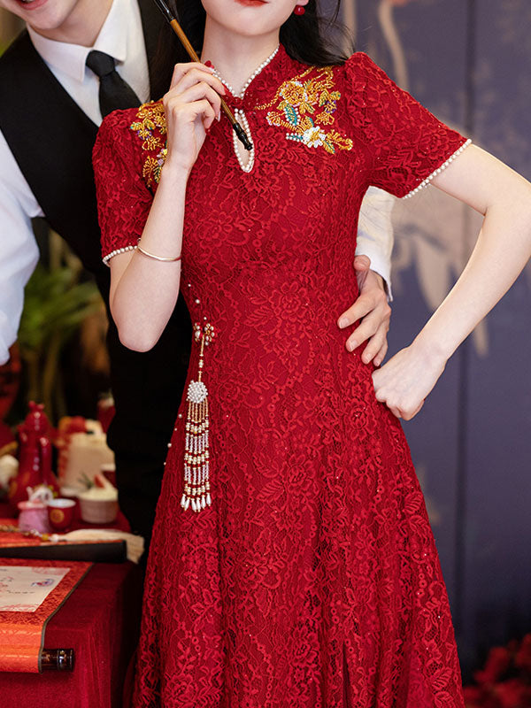 Burgundy Shimmer Lace A-Line Bridal Qipao Cheongsam Gown
