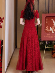 Burgundy Shimmer Lace A-Line Bridal Qipao Cheongsam Gown