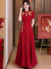 Burgundy Shimmer Lace A-Line Bridal Qipao Cheongsam Gown