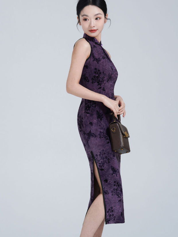 Purple Floral Halter Midi Cheongsam Qipao Dress