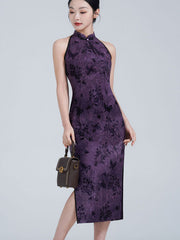 Purple Floral Halter Midi Cheongsam Qipao Dress