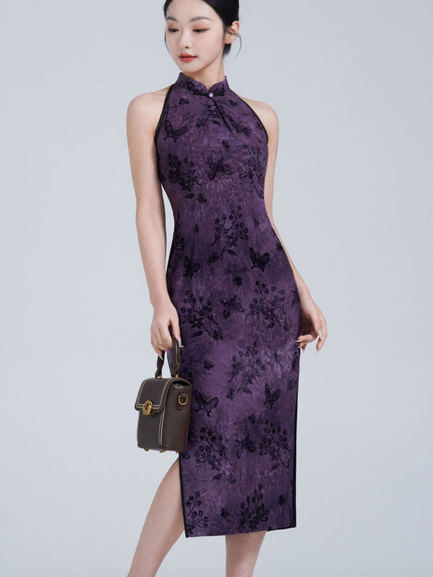 Purple Floral Halter Midi Cheongsam Qipao Dress