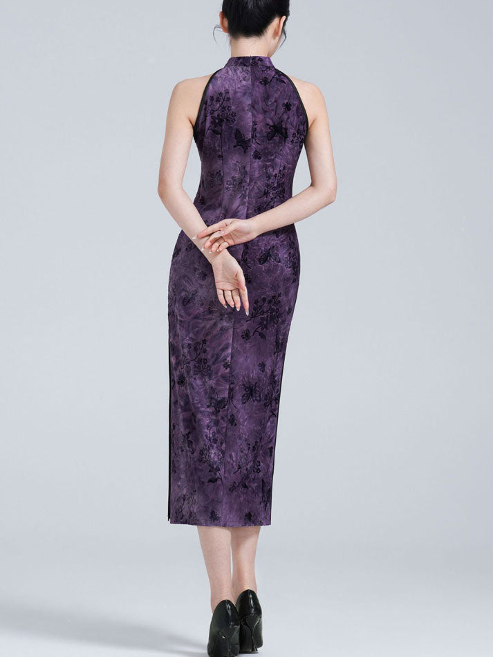 Purple Floral Halter Midi Cheongsam Qipao Dress