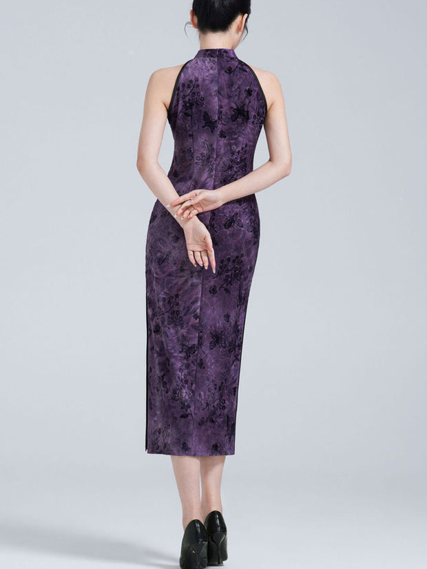 Purple Floral Halter Midi Cheongsam Qipao Dress