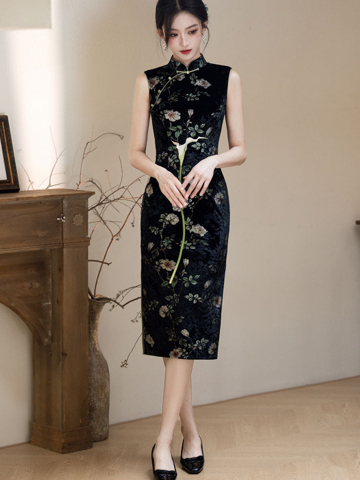 Black Floral Velvet Midi Cheongsam Qipao Dress - IMALLURE M Black Floral Velvet Midi Cheongsam Qipao Dress - IMALLURE M