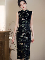 Black Floral Velvet Midi Cheongsam Qipao Dress