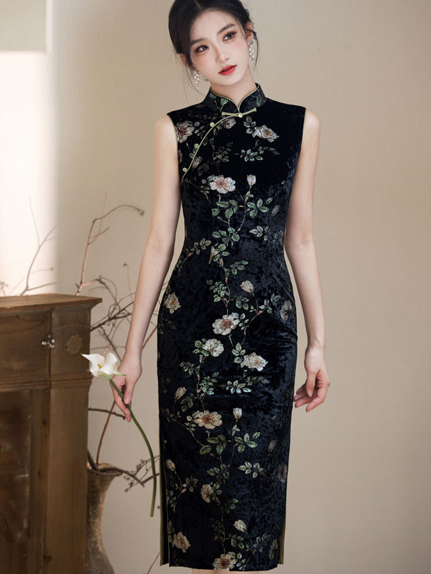 Black Floral Velvet Midi Cheongsam Qipao Dress